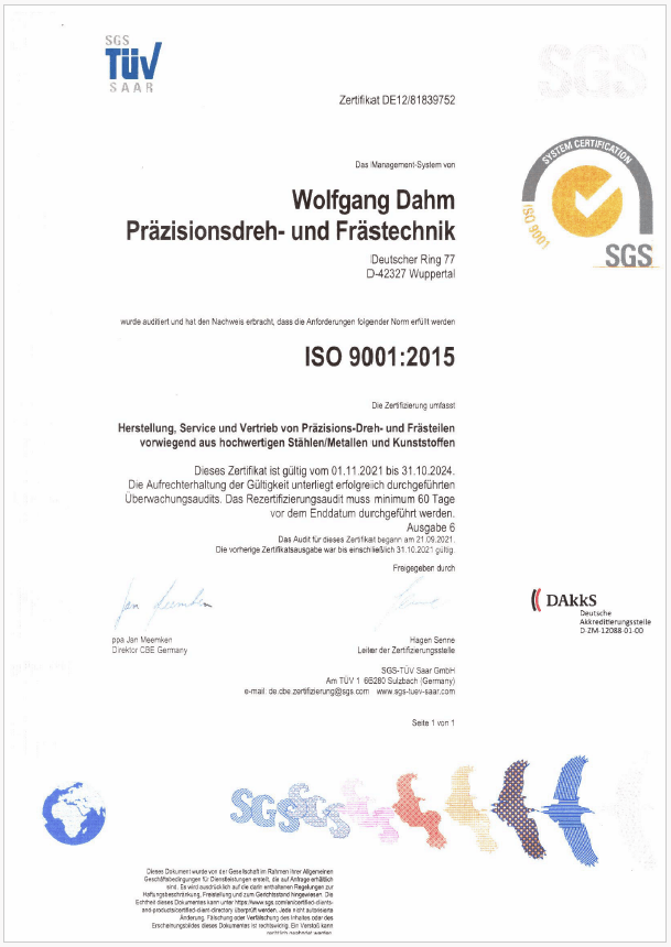 ISO 9001 Zertifikat Wolfgang Dahm Präzisionsdreh- und Frästechnik