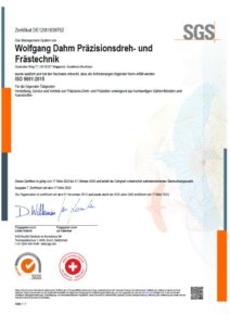 ISO 9001 Zertifikat Wolfgang Dahm Drehtechnik und Frästechnik aus Wuppertal